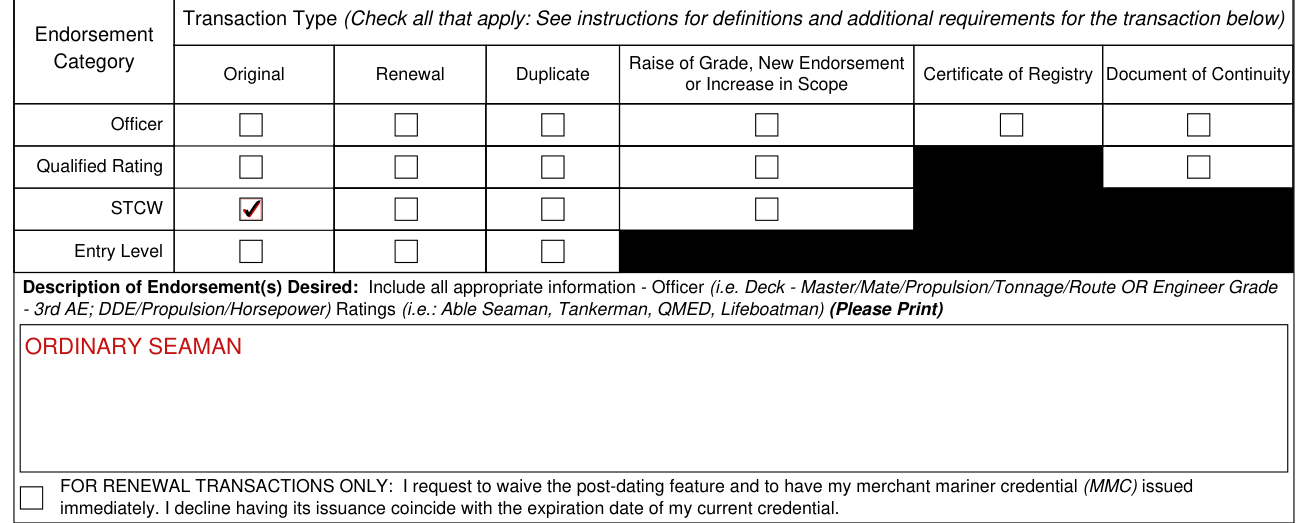 Form CG-719B example filled out, requested credential and endorsements