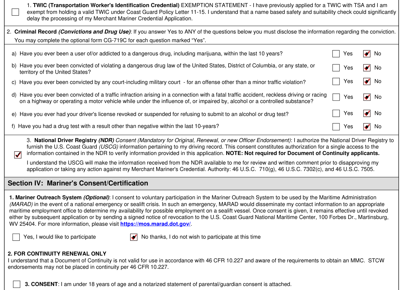 Form CG-719B example filled out, tWIC, Criminal Record, NDR Consent and Under 18