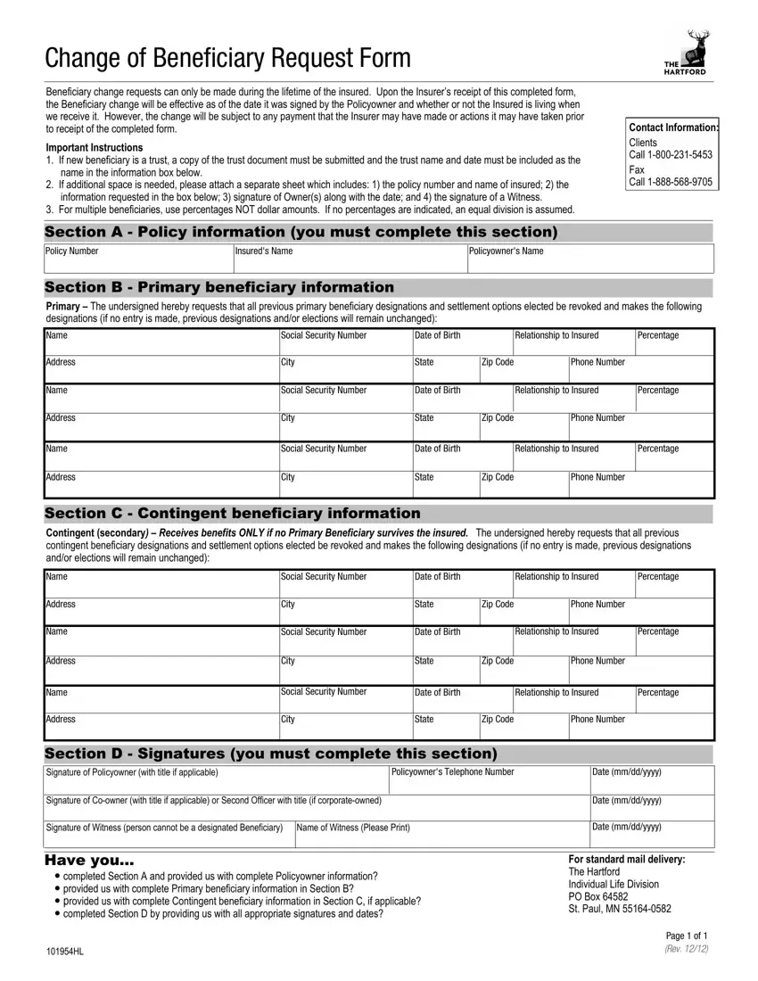 Change Of Beneficiary Request Form first page preview