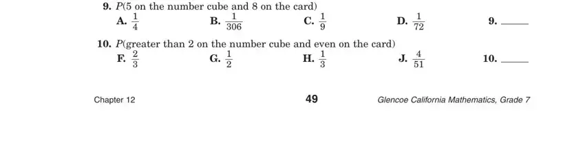 chapter 12 test form 1 answers P on the number cube and  on the, Pgreater than  on the number cube, Chapter, and Glencoe California Mathematics blanks to complete