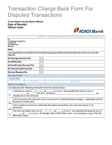 Charge Back Form ICICI Bank Preview