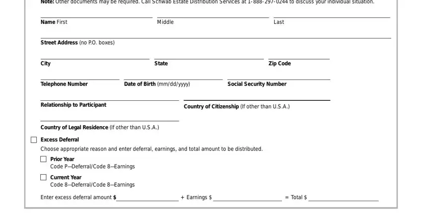 charles individual form Note Other documents may be, Name First, Middle, Last, Street Address no PO boxes, City, State, Zip Code, Telephone Number, Date of Birth mmddyyyy, Social Security Number, Relationship to Participant, Country of Citizenship If other, Country of Legal Residence If, and Excess Deferral blanks to fill