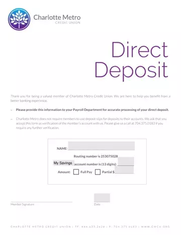 Charlotte Metro Credit Union Direct Deposit Preview