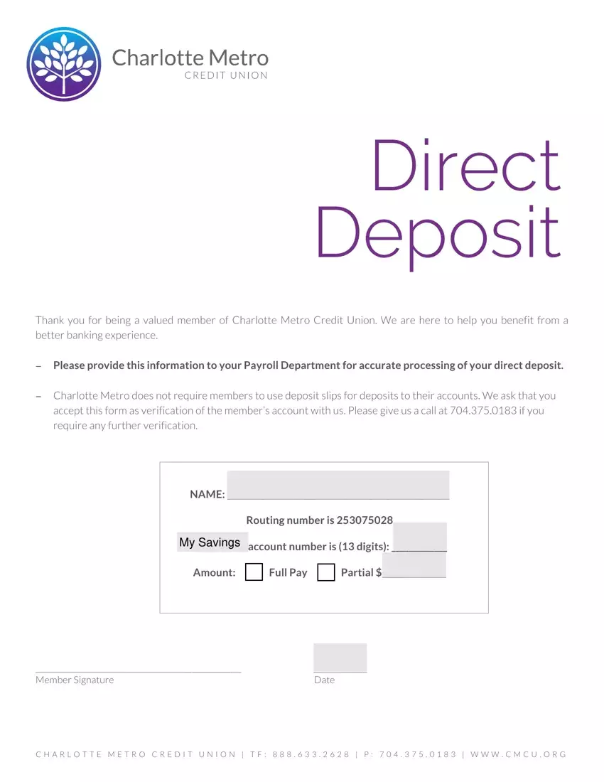 Charlotte Metro Credit Union Direct Deposit first page preview