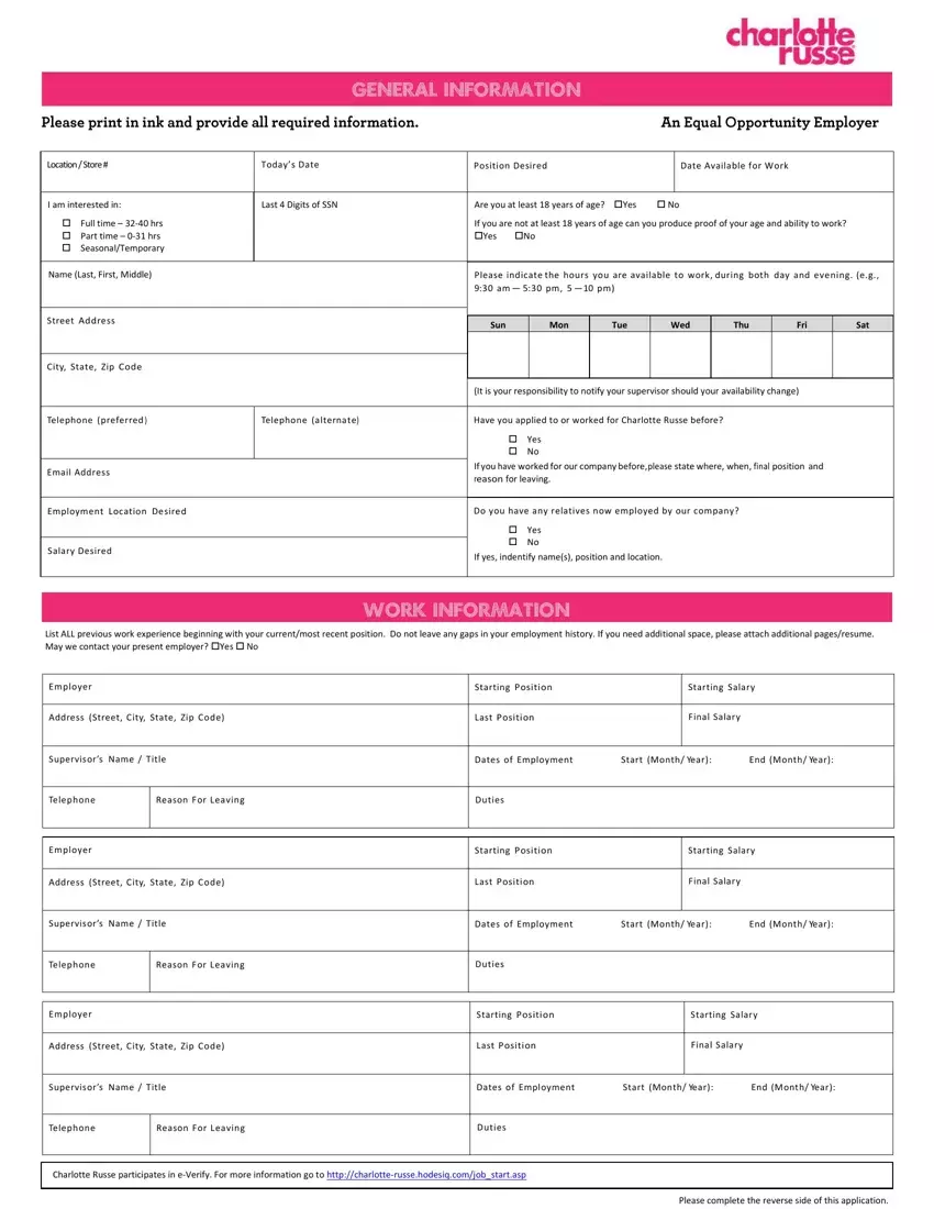 Charlotte Russe Job Application first page preview