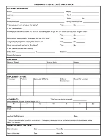 Cheddars Printable App Form Preview
