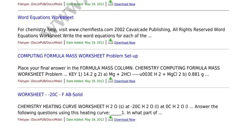 wdialu pto urco m, Place your cidnal answer in the, Download Now, For chemistry help visit, Download Now, Word Equations Worksheet, COMPUTING FORMULA MASS WORKSHEET, Place your cidnal answer in the, Download Now, WORKSHEET  C  F ABSolid, CHEMISTRY HEATING CURVE WORKSHEET, and Download Now in chemistry if8766