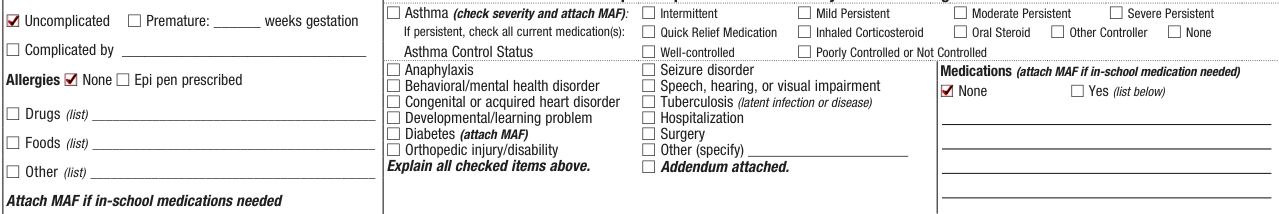 Form CH205 example filled out, birth history, medical history, Medications and Allergies
