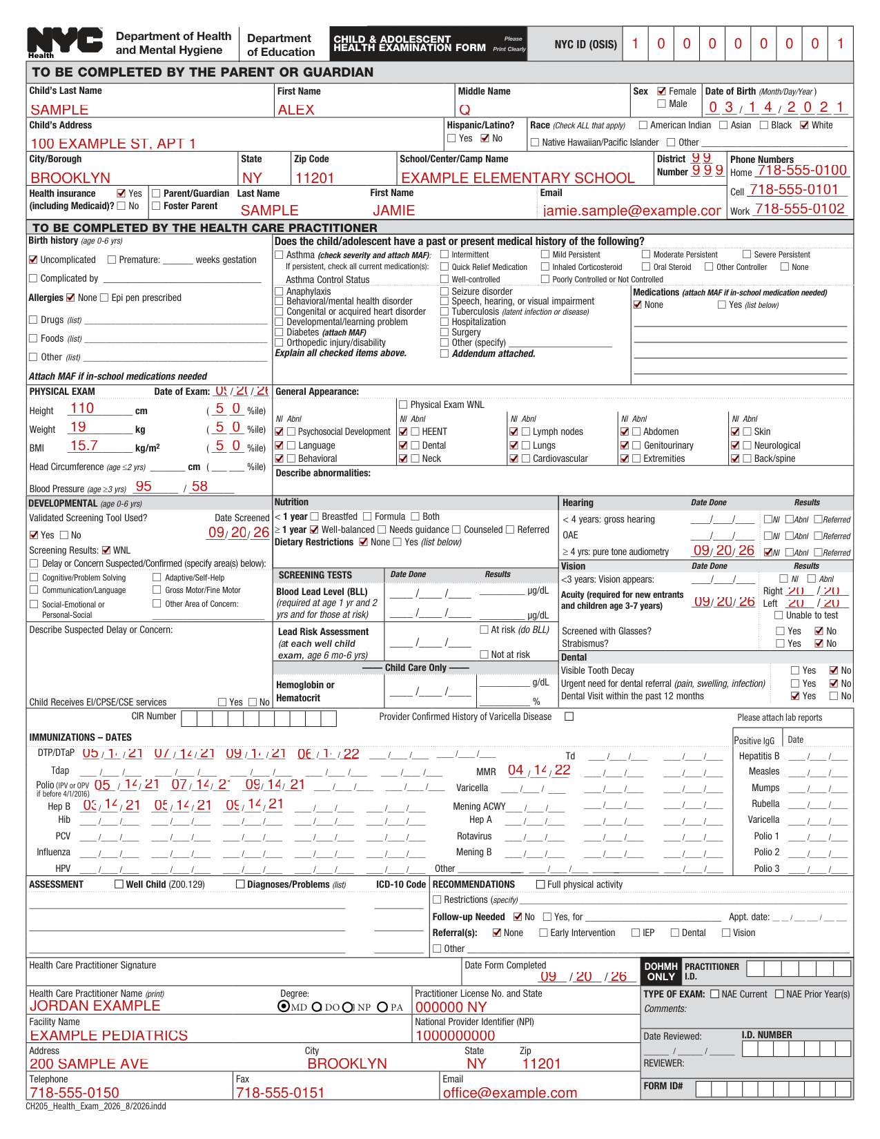 Form CH205 example filled out, example: a healthy five-year-old's exam