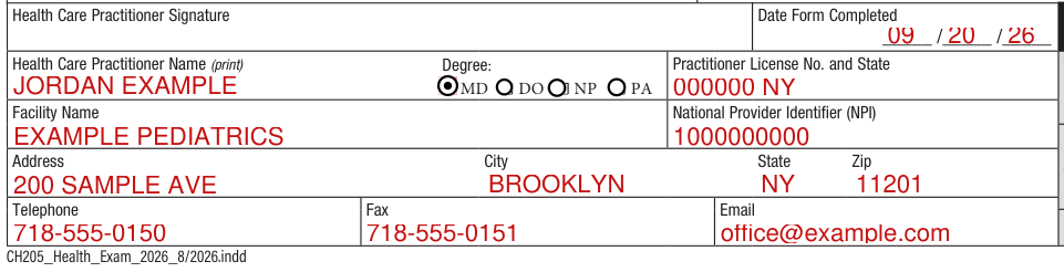 Form CH205 example filled out, health Care Practitioner Signature, name and Degree
