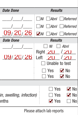 Form CH205 example filled out, hearing, Vision and Dental