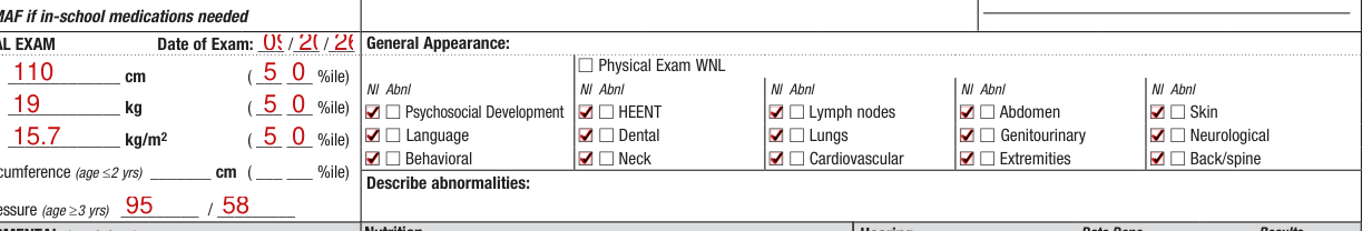 Form CH205 example filled out, pHYSICAL EXAM, Height, Weight and BMI