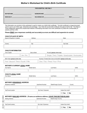 Child Birth Certificate Texas Template Form Preview