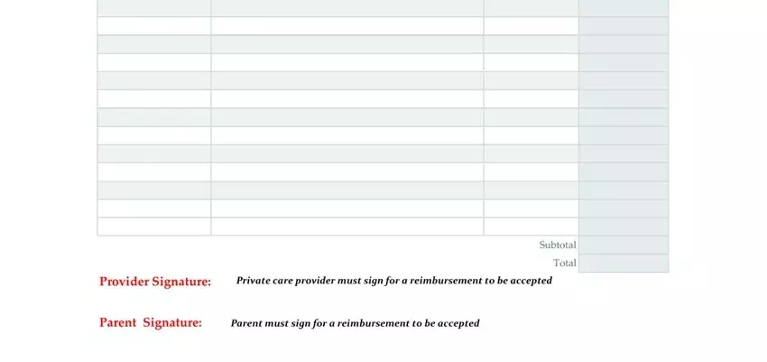 care receipt printable Provider Signature:, Private care provider must sign, Parent Signature: Parent must sign, Subtotal, and Total blanks to insert
