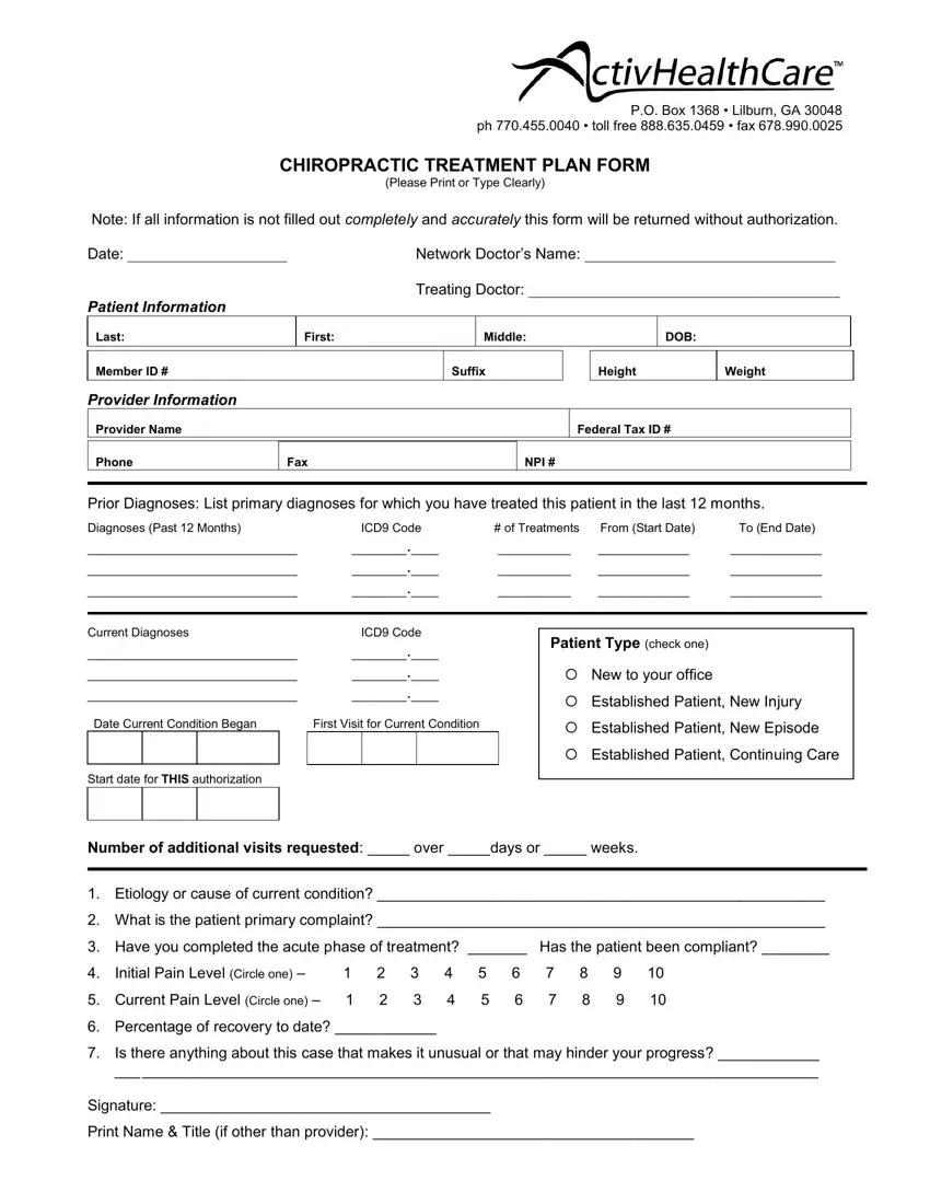 Chiropractic Treatment Plan Form first page preview