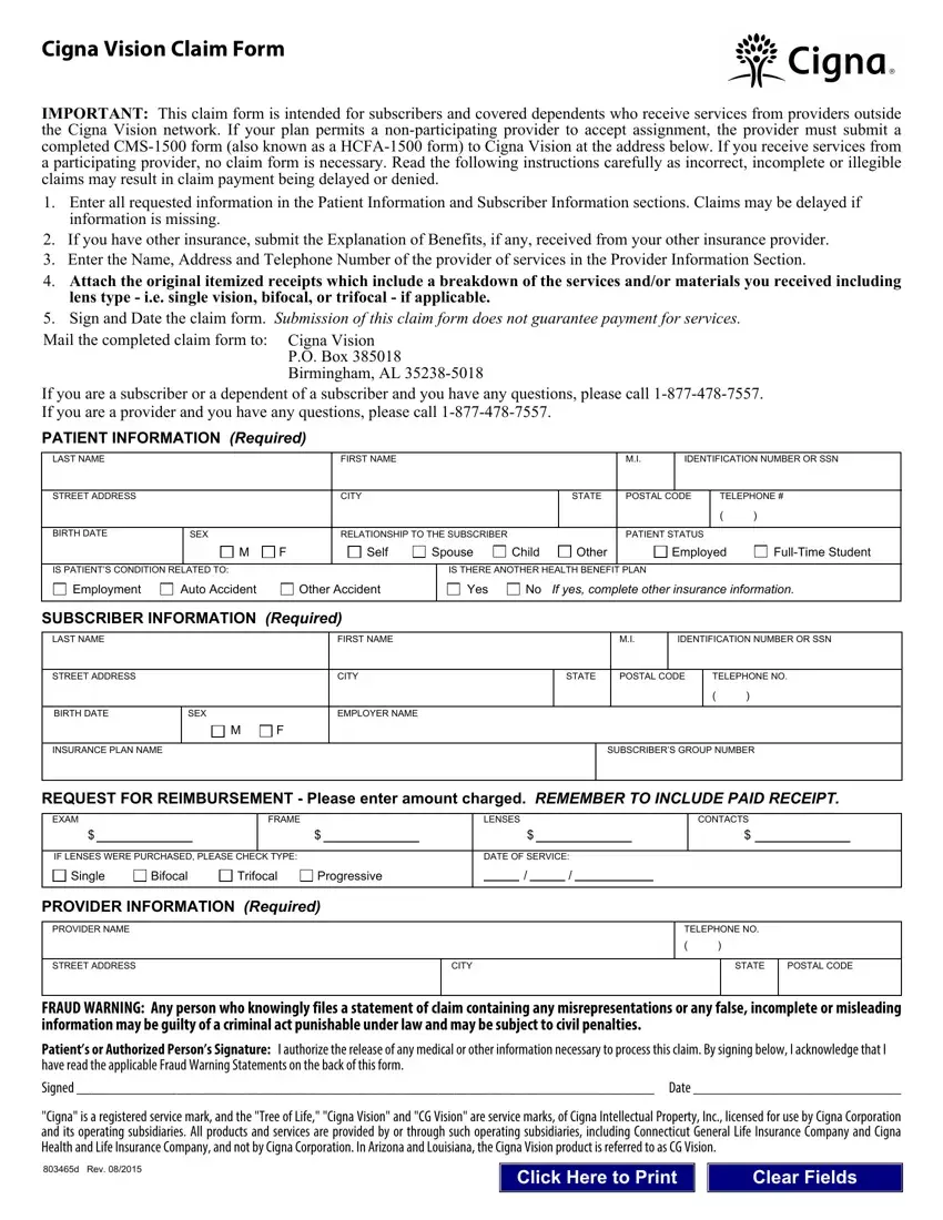 Cigna Vision Claim Form first page preview