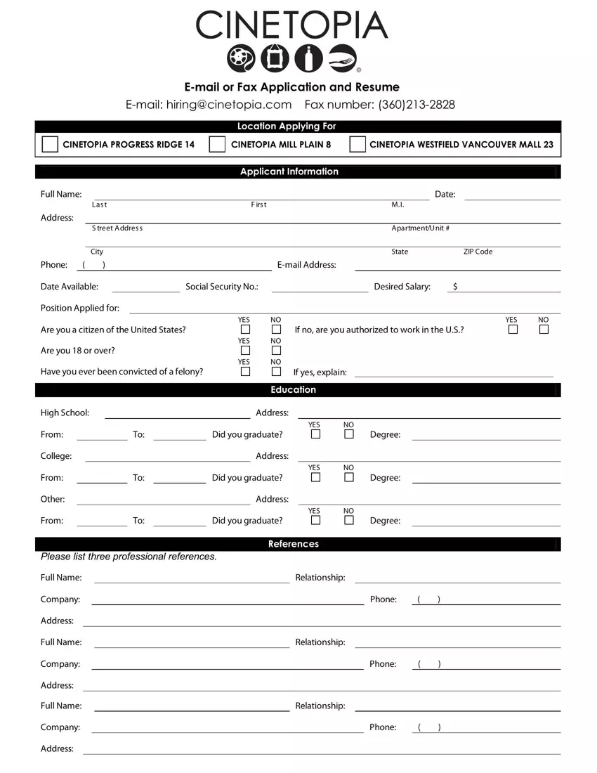 Cinetopia Application Form first page preview