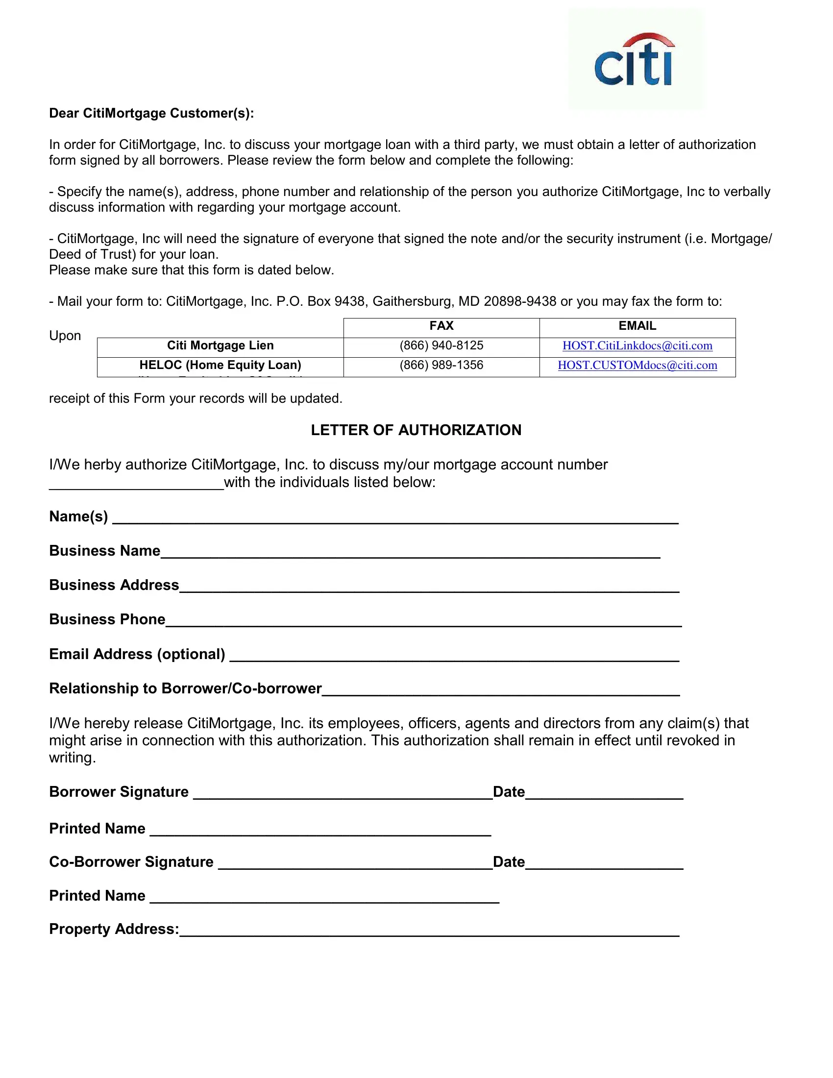 Citi Authorization Form Fill Out