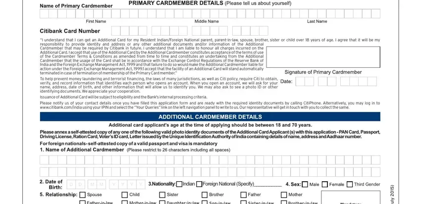 portion of fields in citibank credit card application form pdf