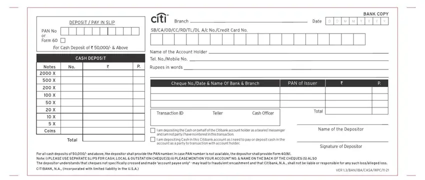 citibank deposit slip download PAN of Issuer, I am depositing the Cash on behalf, and VER 1 fields to fill