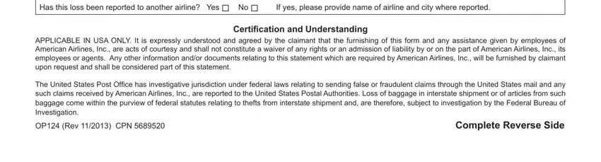 claim bag american Has this loss been reported to, Certiication and Understanding, The United States Post Ofice has, OP Rev  CPN, and Complete Reverse Side fields to fill out