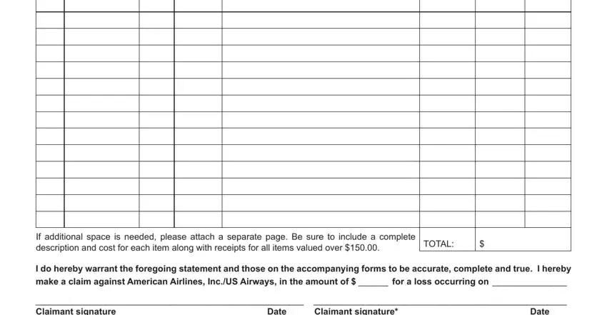 claim bag american If additional space is needed, TOTAL, I do hereby warrant the foregoing, Claimant signature, Claimant signature, Date, and Date blanks to insert