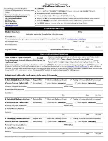Clarion University Transcript Request Form Preview