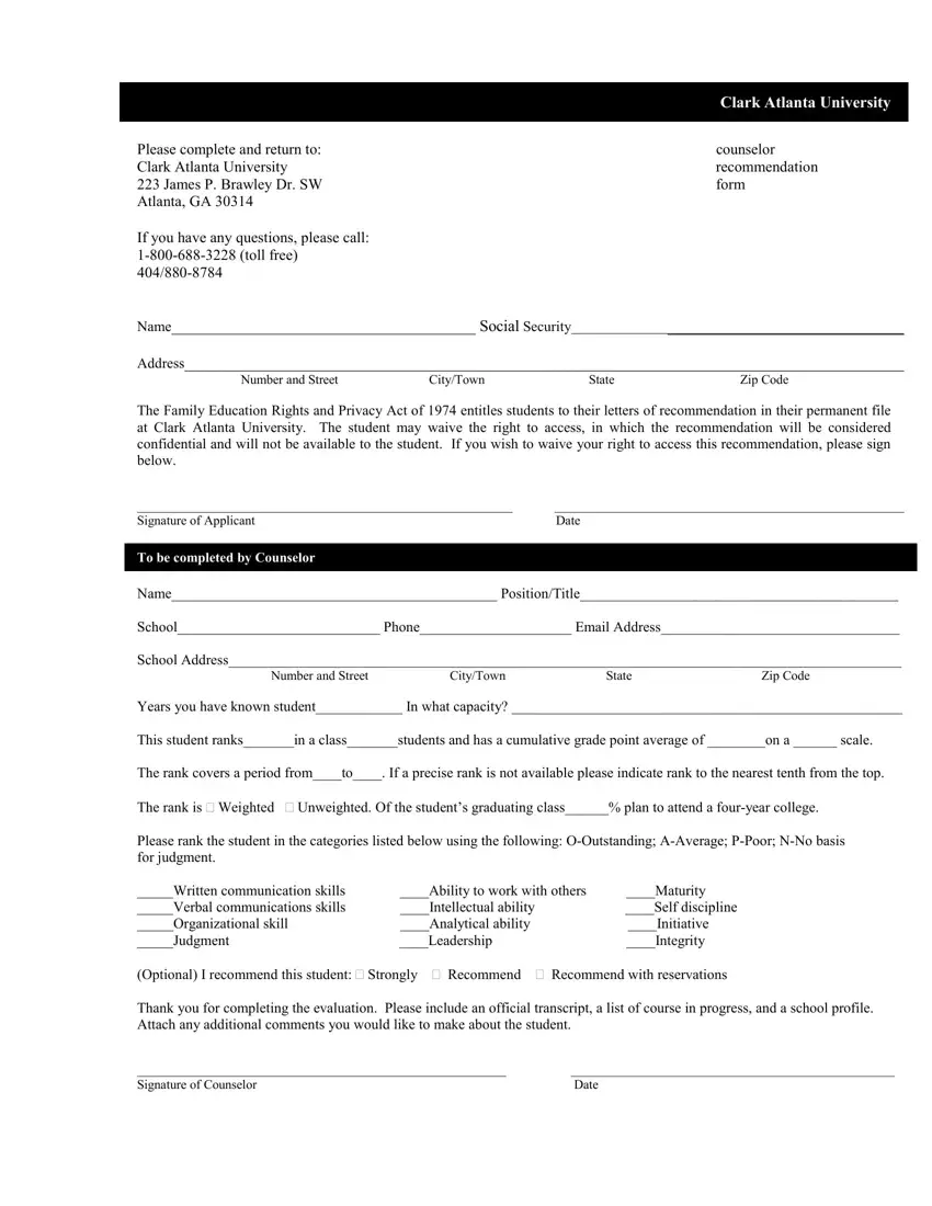 Clark Atlanta Counselor Form first page preview