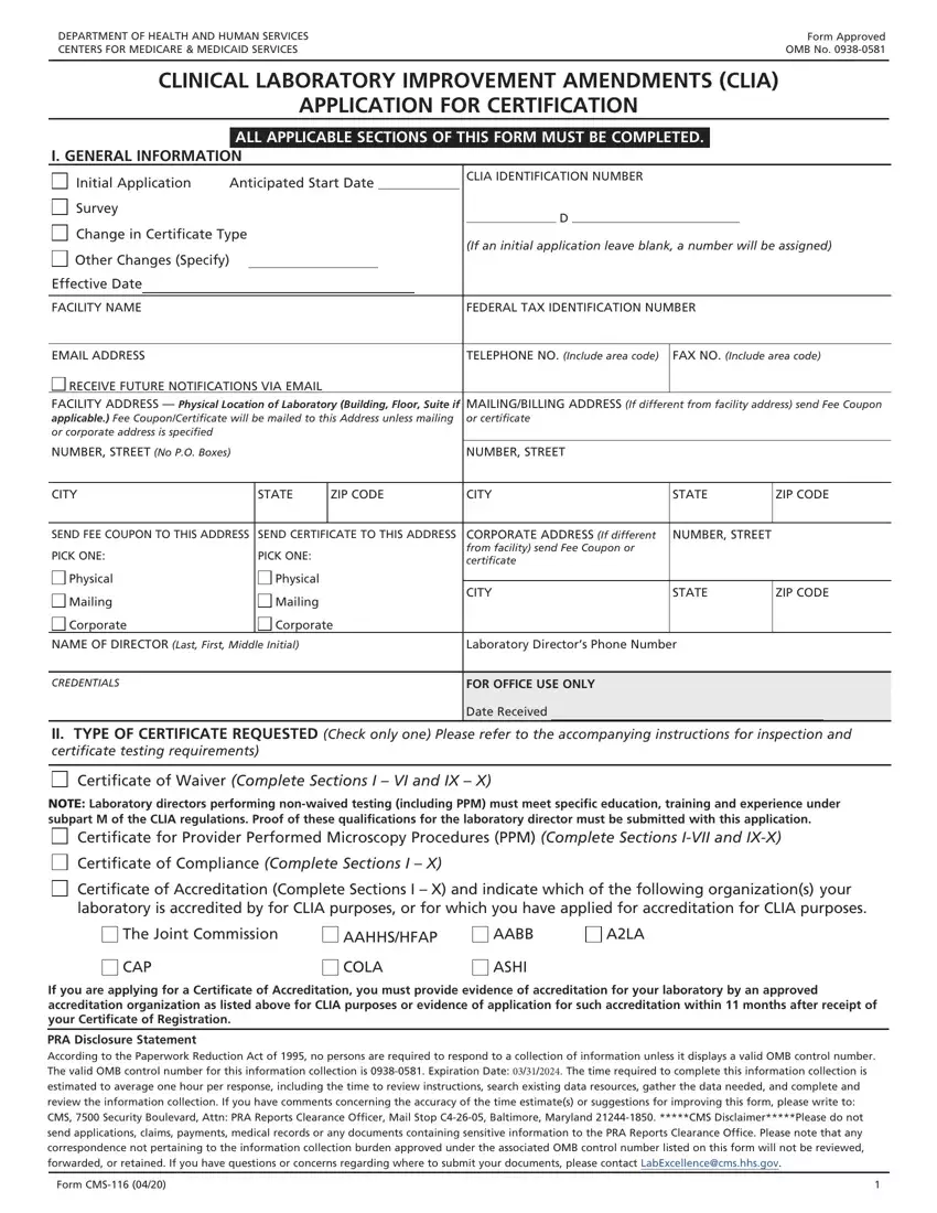 Clia Application Cms 116 Form first page preview