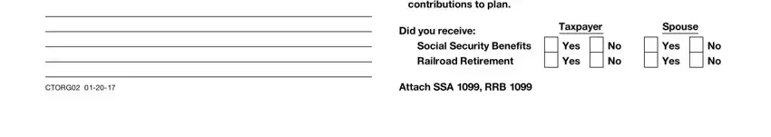 client tax letter company with information on cost, CTORG, Attach SSA  RRB, Did you receive, Taxpayer, Spouse, Social Security Benefits, Railroad Retirement, Yes, Yes, Yes, and Yes fields to fill out