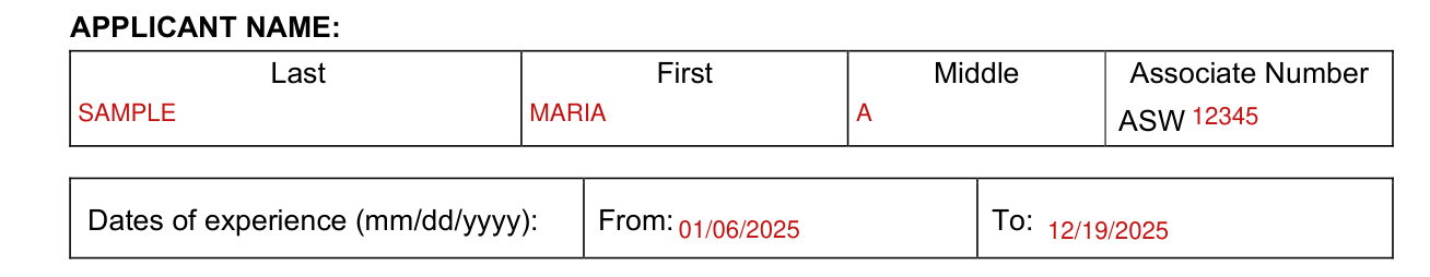 Form 37A-201 example filled out, applicant name and dates of experience