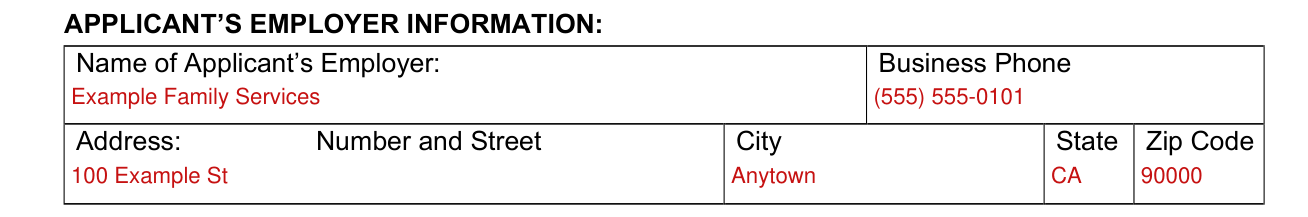 Form 37A-201 example filled out, applicant's employer information