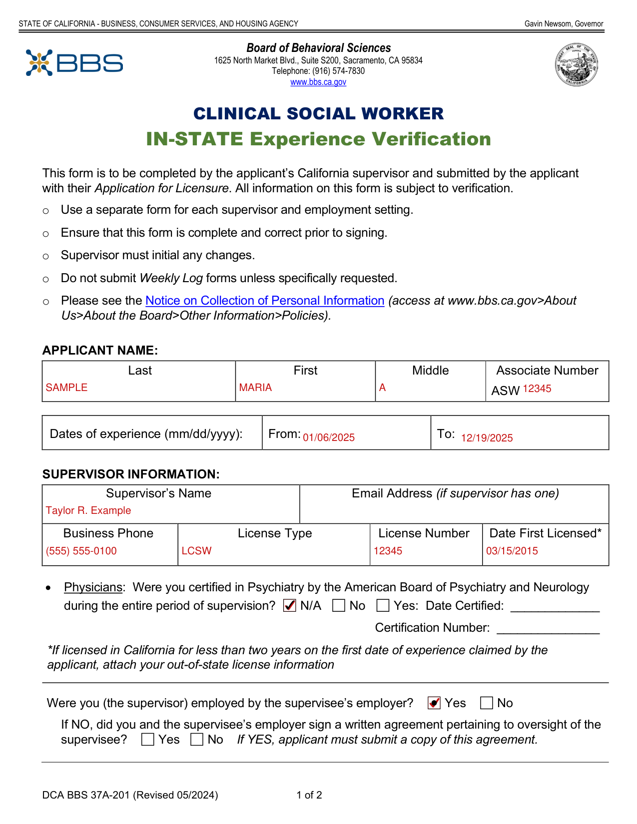 Form 37A-201 example filled out, example: a supervisor verifies a year of experience