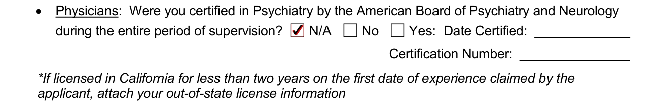 Form 37A-201 example filled out, physicians: Were you certified in Psychiatry
