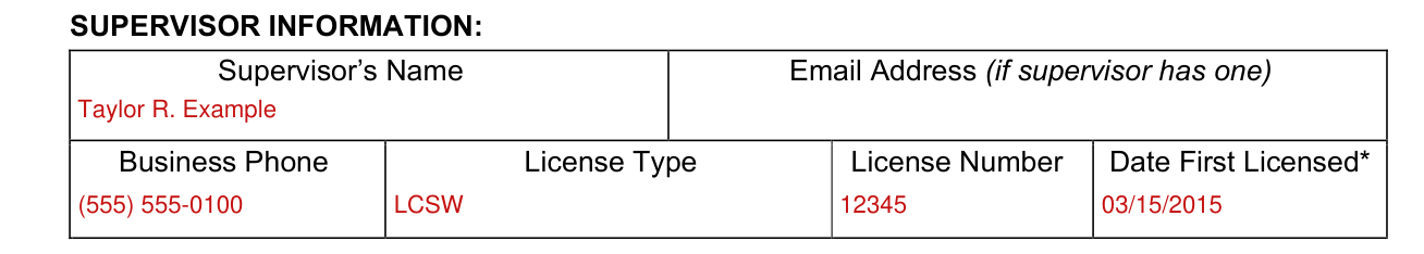 Form 37A-201 example filled out, supervisor information