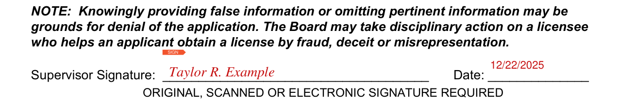 Form 37A-201 example filled out, supervisor Signature