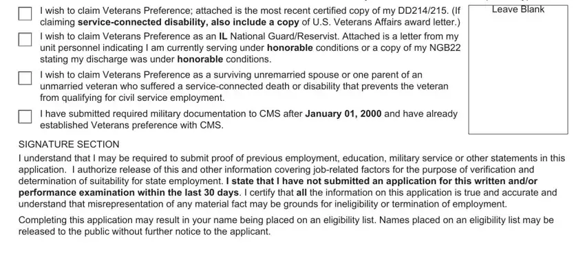 cms 100 employment application For assistance contact Veterans, I wish to claim Veterans, Leave Blank, I wish to claim Veterans, I wish to claim Veterans, I have submitted required military, SIGNATURE SECTION I understand, and Completing this application may fields to fill out