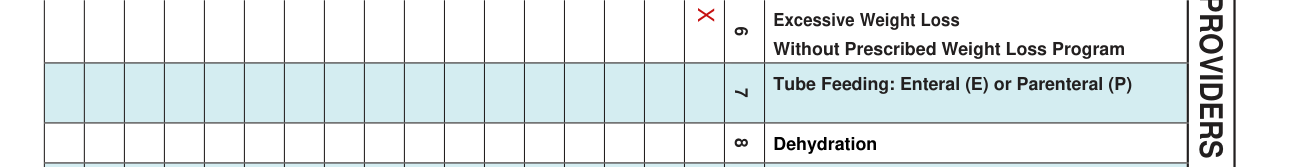 Form CMS-802 example filled out, columns 7 and 8, tube feeding and dehydration