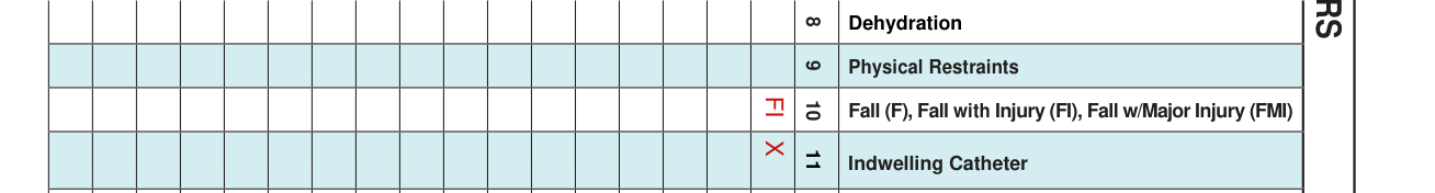 Form CMS-802 example filled out, columns 9 to 11, restraints, falls and catheter
