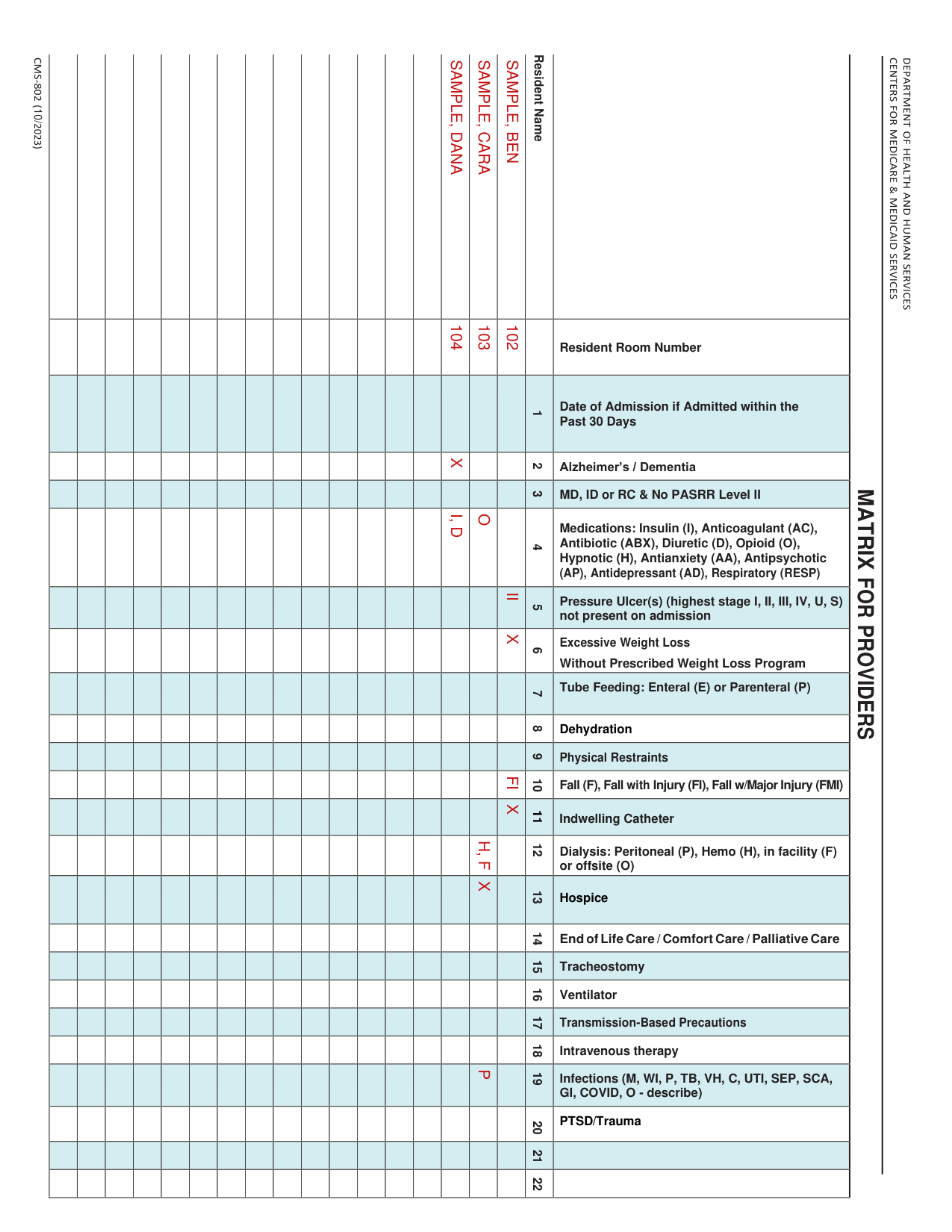 Form CMS-802 example filled out, example: a facility lists three residents