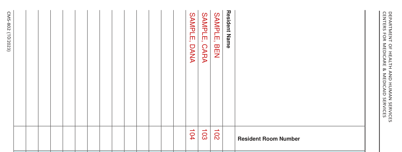 Form CMS-802 example filled out, resident name, room number and marking the columns
