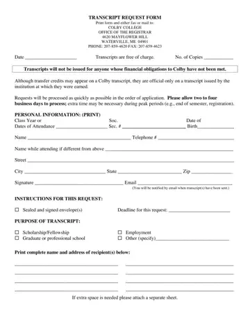 Colby Transcript Request Form Preview