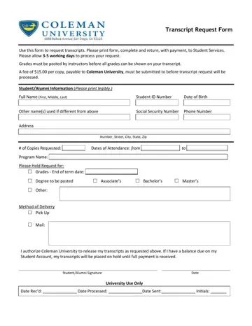 Coleman Transcript Request Form Preview