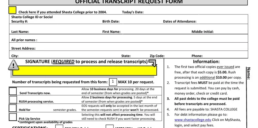 stage 1 to filling out shasta college request transcripts