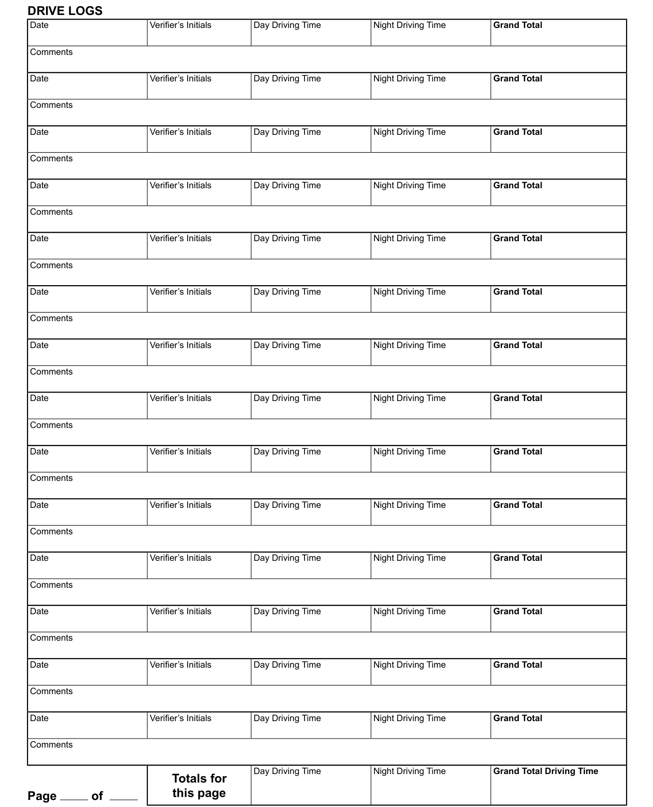 Colorado Drive Time Log Sheet (DR 2324) example filled out, drive logs