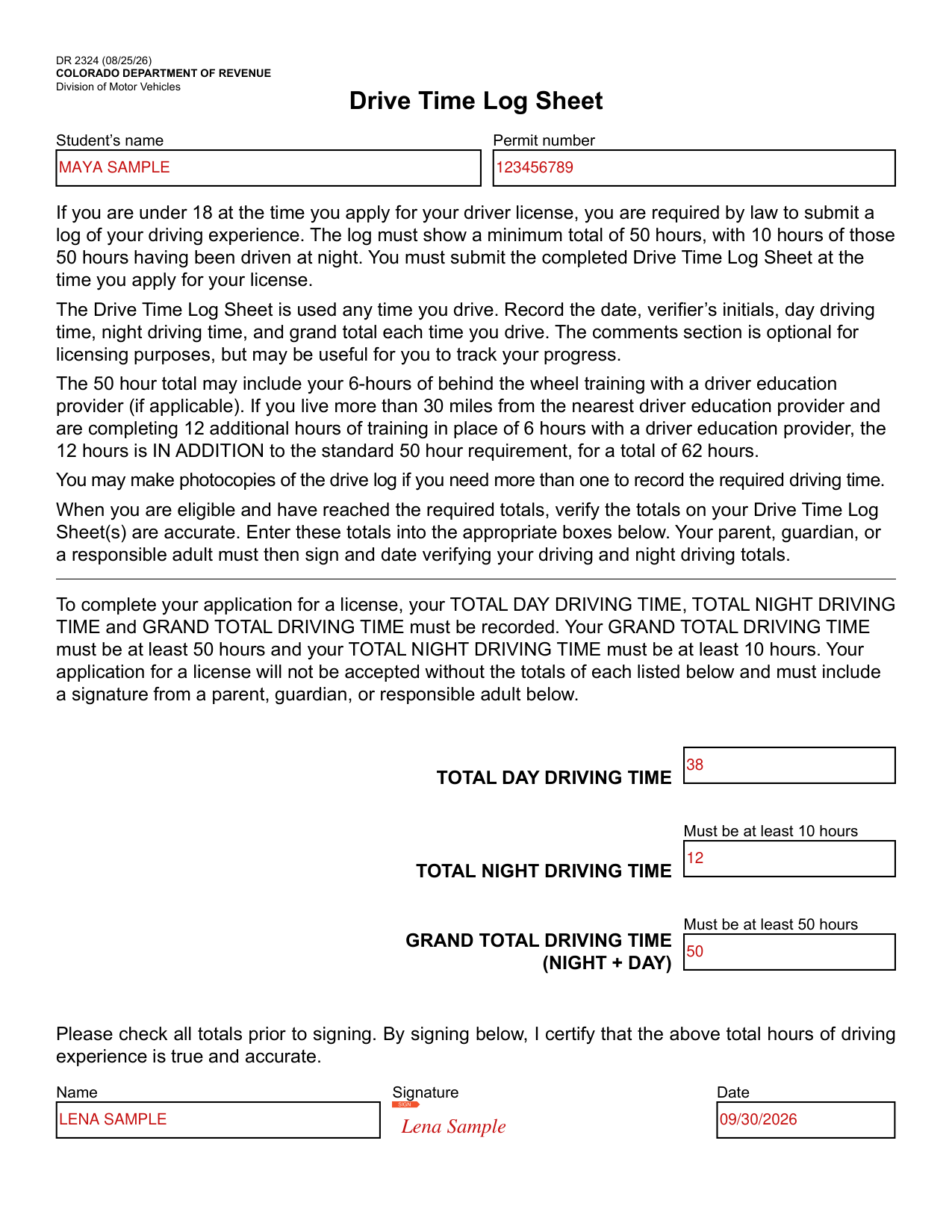 Colorado Drive Time Log Sheet (DR 2324) example filled out, example: a student under 18 totals the hours