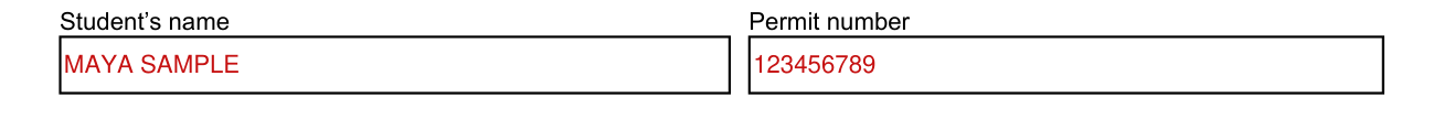Colorado Drive Time Log Sheet (DR 2324) example filled out, student's name and permit number