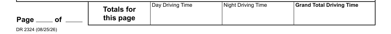 Colorado Drive Time Log Sheet (DR 2324) example filled out, totals for this page