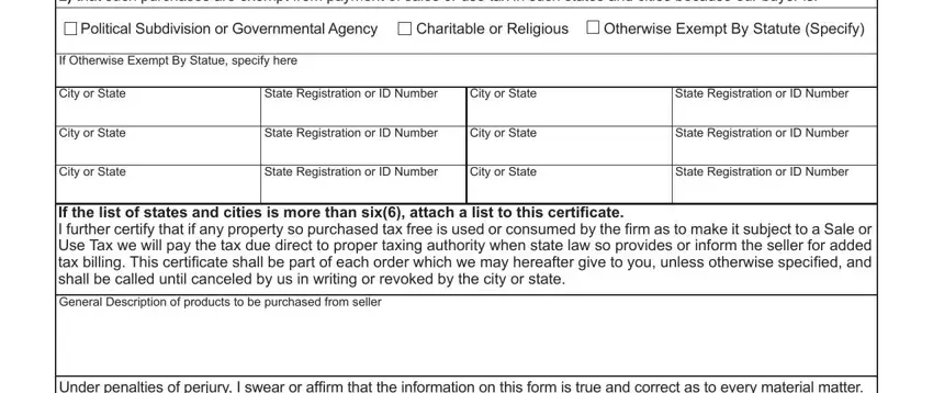 colorado resale certificate that such purchases are exempt, Political Subdivision or, Charitable or Religious, Otherwise Exempt By Statute Specify, If Otherwise Exempt By Statue, City or State, State Registration or ID Number, City or State, State Registration or ID Number, City or State, State Registration or ID Number, City or State, State Registration or ID Number, City or State, and State Registration or ID Number fields to complete