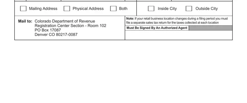 SSN Mailing Address, Physical Address, Both, Inside City, Outside City, Mail to Colorado Department of, Registration Center Section  Room, Note If your retail business, and Must Be Signed By An Authorized blanks to insert